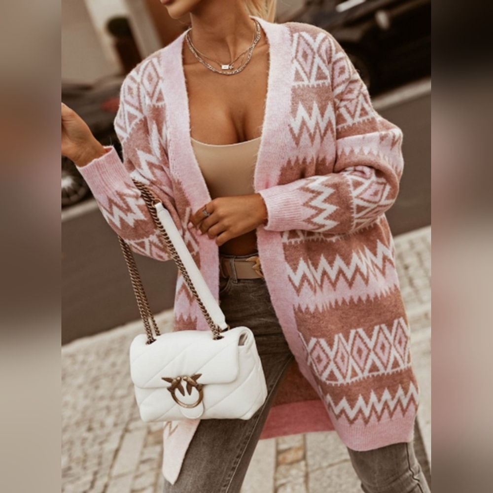 Pink and Brown Geometric Pattern Women's Fall Sweater Cardigan